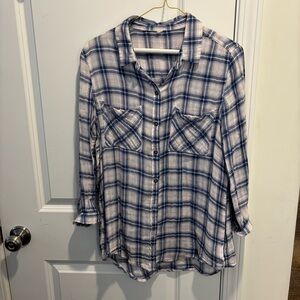 Blue and White Plaid Button-Up Shirt